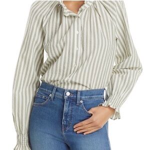 Veronica Beard Green and White Size 6 Striped Blouse